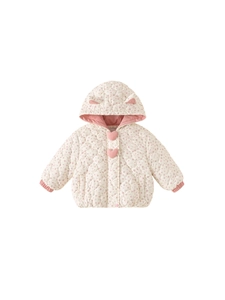 Floral hooded winter coat for toddler girls with cute heart buttons and quilted lining