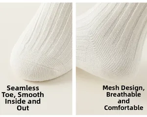 Detail of white knit children socks showing breathable mesh and seamless toe design
