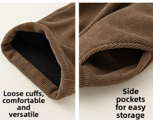 Détail du pantalon en velours côtelé marron avec doublure polaire et poche latérale