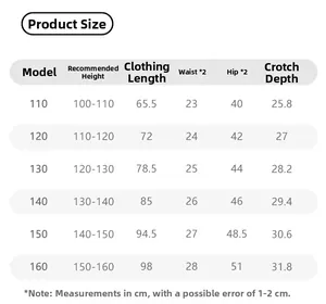 Tableau des tailles détaillé pour pantalons larges enfants avec mesures taille et hanches