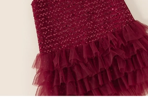Detailed view of deep red girl's princess dress with sequins and tiered mesh skirt