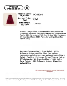 Size chart and fabric details for girls' red mesh sleeveless Chinese style dress