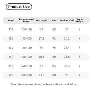 Size chart for girls Chinese style tulle dress with length, bust, and height measurements