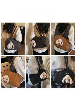 Collage of model carrying retro rectangle shoulder bags with plush bunny charms