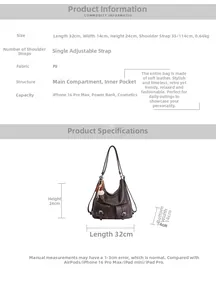 Detailed size specifications and interior capacity for the brown retro PU leather tote bag