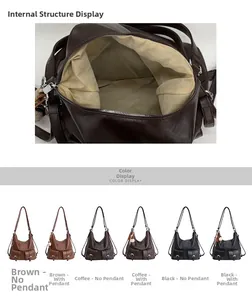 Detail view of large tote bag interior lining and various color options in brown and black