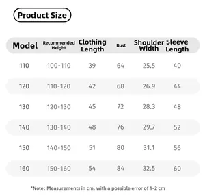 Detailed size chart for girls' long sleeve glitter top with measurements in centimeters