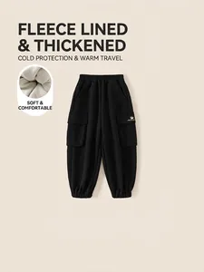 Boys Fleece Lined Cargo Joggers Winter Warm Cotton Sweatpants For Kids Black Ribbed Cuffs Elastic Waist Casual Sport Pants