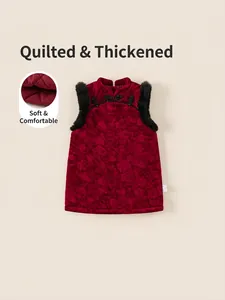 Mädchen Chinesischer Stil Gestepptes Samtkleid Winter Verdicktes Qipao Mit Kunstfellbesatz Und Froschknöpfen Traditionelles Kleid