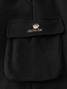 Kids black cotton joggers with premium bear embroidery and fleece lining detail