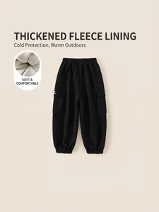 Children's black fleece lined cargo joggers with elastic waist and thermal interior