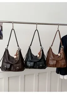 Three vintage PU leather crossbody bags in dark coffee, black, and light brown colors