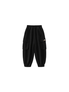 Kids black cargo joggers with fleece lining, elastic waist and side flap pockets