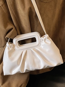 Chic white retro square shoulder bag with pleated texture and glossy finish for women