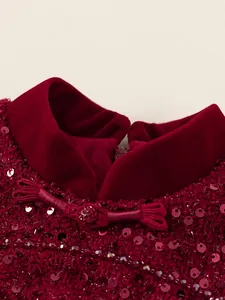 Chinese style burgundy velvet princess dress with sequin fabric and traditional button