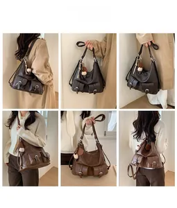 Collage of retro leather tote bags in coffee and caramel with front pockets and charm