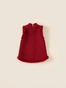 Gilet d'hiver en tweed rouge pour filles de style chinois avec bordure en fausse fourrure