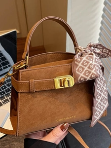 Women Vintage PU Suede Handbag Frosted Urban Simple Shoulder Bag With Silk Scarf Decor Gold Lock Crossbody Commuting Bag Fashion Purse