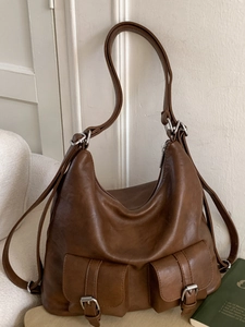 Retro brown leather tote bag for women with two buckle pockets and adjustable strap