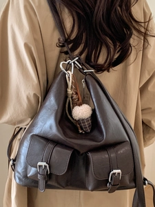 Retro deep brown large capacity tote bag with silver buckle details and ice cream charm