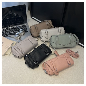 Detail view of stylish leather crossbody square bags in six elegant seasonal colors