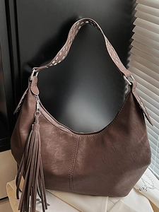 Women Large Capacity PU Leather Hobo Bag Fashion Solid Color Tassel Rivet Shoulder Bag Minimalist Commute Underarm Bag