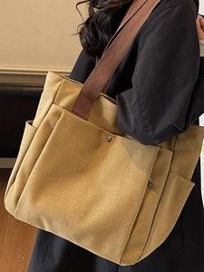 Grand sac cabas en toile jaune moutarde avec bandoulières marron et poches pour femmes