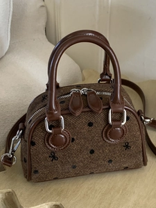 Women Retro Mini Boston Bag PU Leather Bow Knot Polka Dot Print Crossbody Shoulder Handbag Elegant Square Satchel For Daily