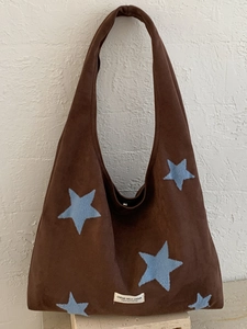 Women Fashion Star Patchwork Polyester Plush Tote Bag Large Capacity Casual Shoulder Bag Suede Style Hobo Bag Commuter Bag