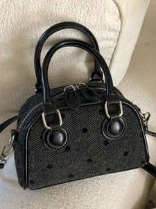Mini bow-print tweed boston bag with black polka dots and polished patent leather handles
