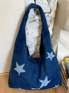 Winter vintage navy star embroidery plush tote bag with large capacity shoulder strap