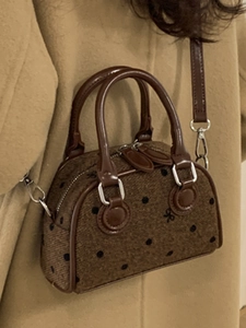 Brown retro bow-knot print tweed Boston handbag with leather handles for women