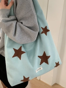 Winter large star embroidery cotton plush tote bag for women in light blue and brown