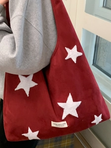 Winter red star embroidery plush tote bag with large capacity for daily commuting