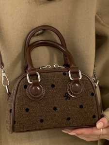 Brown polka dot tweed handbag with leather handles and bow embroidery for women