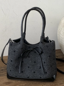Sac à Main Vintage à Pois avec Nœud en Tweed pour Femme Élégant Sac Bandoulière avec Épissage en PU Grande Capacité Navettage Sac Voyage Femme