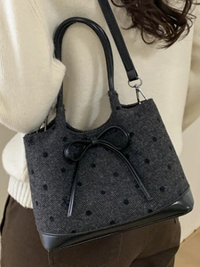 Sac fourre-tout en tweed gris à pois noirs avec un grand nœud en cuir pour femmes