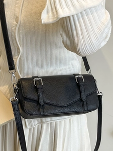 Minimalist black pebble leather crossbody square bag with silver buckles for women