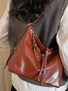 Deep brown glossy leather tote bag for women, large capacity shoulder bag for daily commute