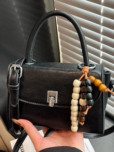 Korean Style Women PU Leather Crossbody Bag Vintage Minimalist Handbag With Colorful Wood Bead Charm Metal Lock Shoulder Bag