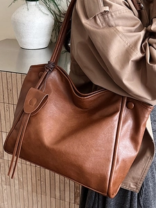 Brown soft leather large capacity tote bag with long shoulder straps for women
