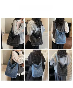 Viste dettagliate delle borse a tracolla in denim vintage in grigio antracite e blu