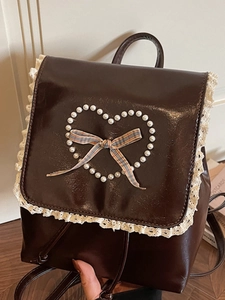 Sac à Dos Femme en Cuir PU Mode Bordure Dentelle Cœur de Künstliche Perle Nœud Style Balletcore pour Filles Voyage