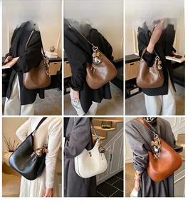 Collage of chic solid color bucket bags in four colors with heart pendant and leopard scarf