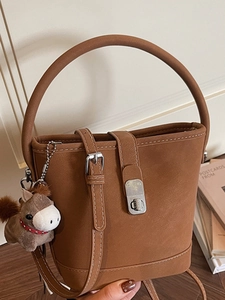 Vintage Korean Style PU Leather Bucket Bag For Women Contrast Stitching Crossbody Bag With Horse Charm Commuter Handbag