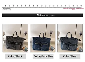 Three-color comparison of washed denim tote bags with dual front pockets and zipper details