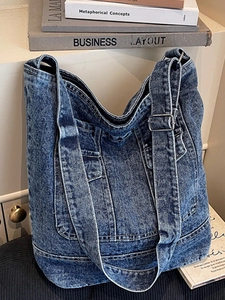 Borsa Tote in Denim Lavato Retro da Donna Grande Capacità Minimalista Stile Workwear Borsa a Tracolla Casual Denim Hobo Bag