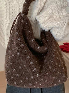 Winter brown teddy fleece tote bag with white polka dots for stylish shoulder wear