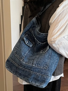 Borsa tote in denim 2025 di grande capacità con lavaggio vintage e tasche utility