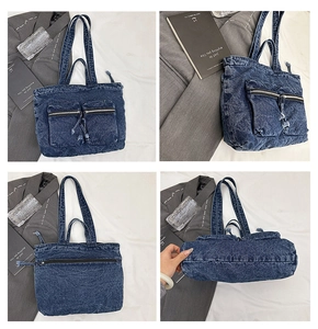 Multiple views of a blue washed denim tote bag with zippers and dual strap design